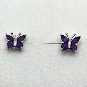 Vtg Sterling & Amethyst Butterfly Stud Earrings 9mm